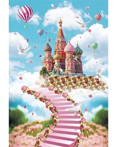 AOFOTO 5x7ft Fairytale Moscow Kremlin Backdrop Flowers Stair to Russia Red Square Church Colorful Towers Kids Birthday Decoration Blue Sky Clouds Hot Air Balloon Background Photo Studio Props Vinyl
