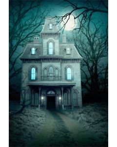 AOFOTO 7x10ft Spooky Haunted House Backdrop Moon Night Bare Trees Lighting Castle in Forest Halloween Night Party Background for Photography Kids Trick or Treat Poster Wallpaper Photo Studio Props