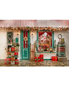 AOFOTO 8x6ft Christmas Backdrops Xmas Store Front Door Photo Shoot Background Chic Gifts Garland Decor Suitcase Ornament Photography Studio Props Artistic Portrait Digital Video Drop Vinyl Wallpaper